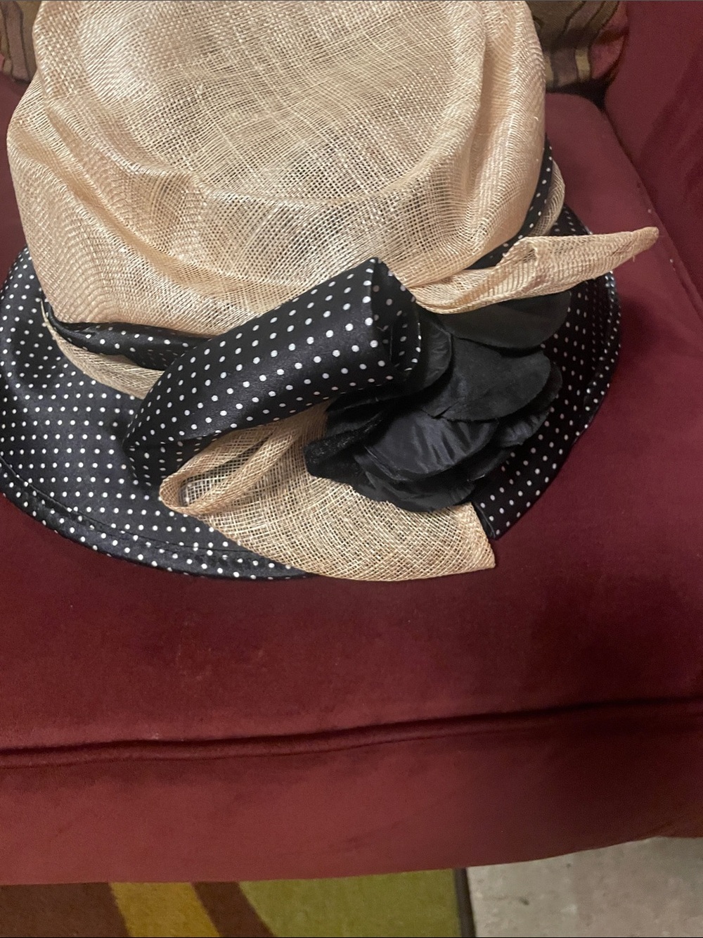 Elegant Black & Natural Straw Polka Dot Ribbon Women's Hat